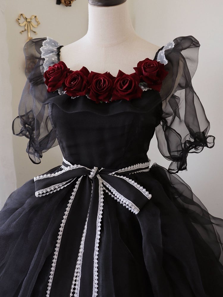 Clearance-Size XXL for Bust 117CM Princess Appointment Black Rose Design Off-the-shoulder Short Sleeves One Piece Full Set