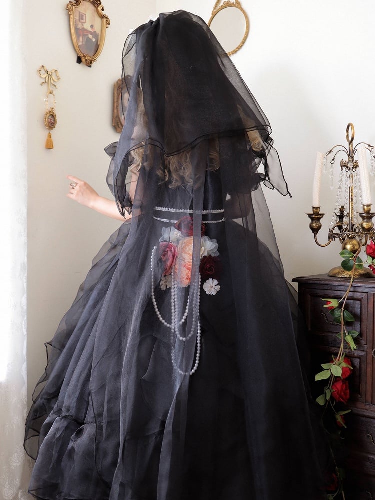 Clearance-Size XXL for Bust 117CM Princess Appointment Black Rose Design Off-the-shoulder Short Sleeves One Piece Full Set