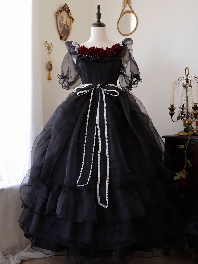 Clearance-Size XXL for Bust 117CM Princess Appointment Black Rose Design Off-the-shoulder Short Sleeves One Piece Full Set