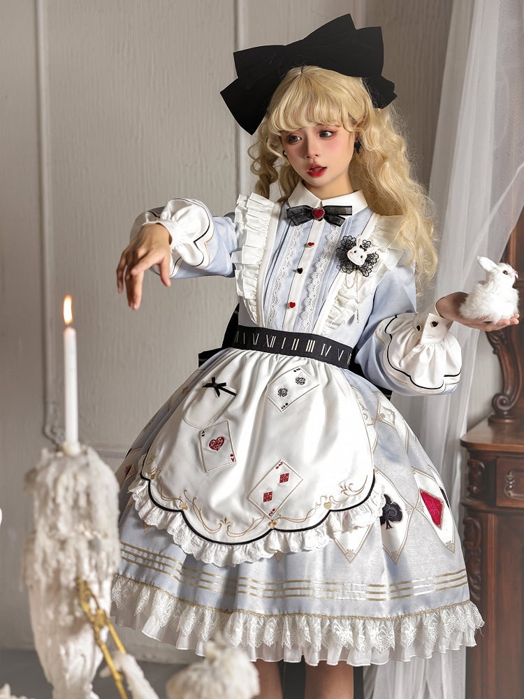 Alice in Wonderland Vibes Blue Sweet Lolita Dress with Poker Embroidery Apron and Big Bow Train