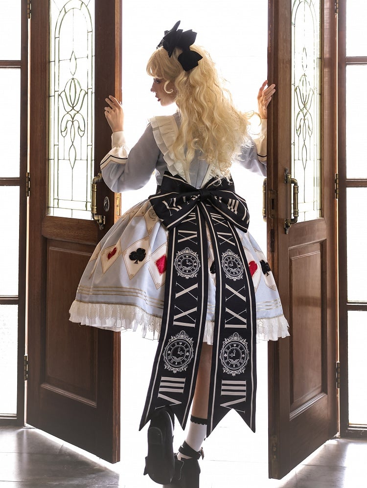 Alice in Wonderland Vibes Blue Sweet Lolita Dress with Poker Embroidery Apron and Big Bow Train