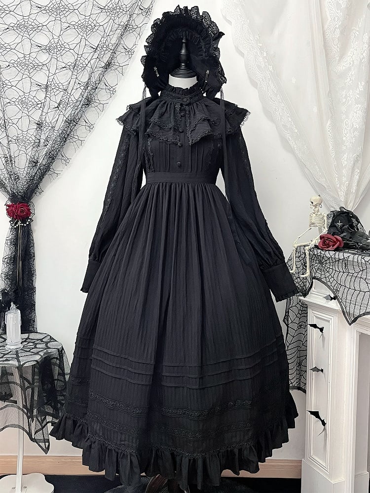 Black Gothic Kuro Lolita High Waist Long Sleeves Dress + Collar