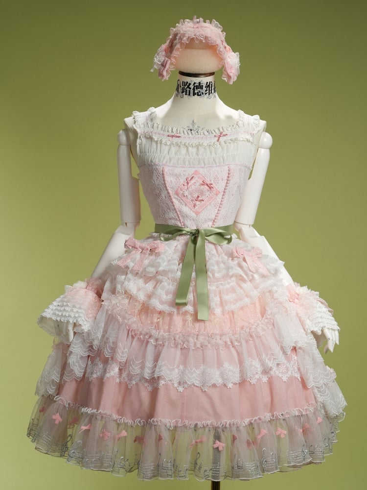 Pink Musical Note Embroidery Layered Tulle Skirt Princess Lolita Jumper Skirt