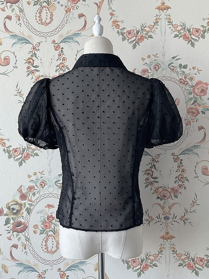 Black Fold-over Collar Short Puff Sleeves Sheer Lolita Shirt