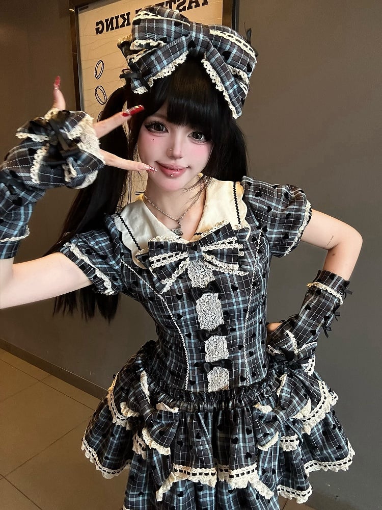 Blue Plaid and Heart Print Pattern Punk Lolita Short Sleeves Dress + Bloomers