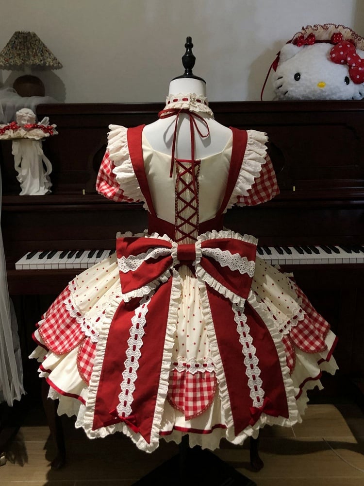Strawberry Bows Red Gingham and Polka Dots Pattern Lolita Sweet Dress