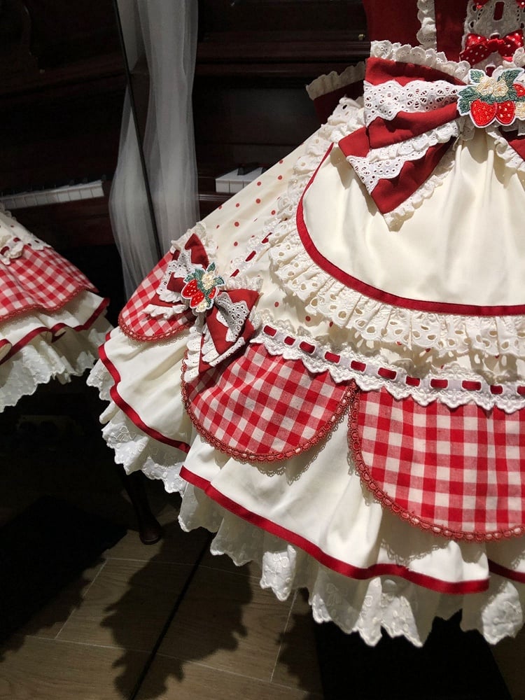Strawberry Bows Red Gingham and Polka Dots Pattern Lolita Sweet Dress