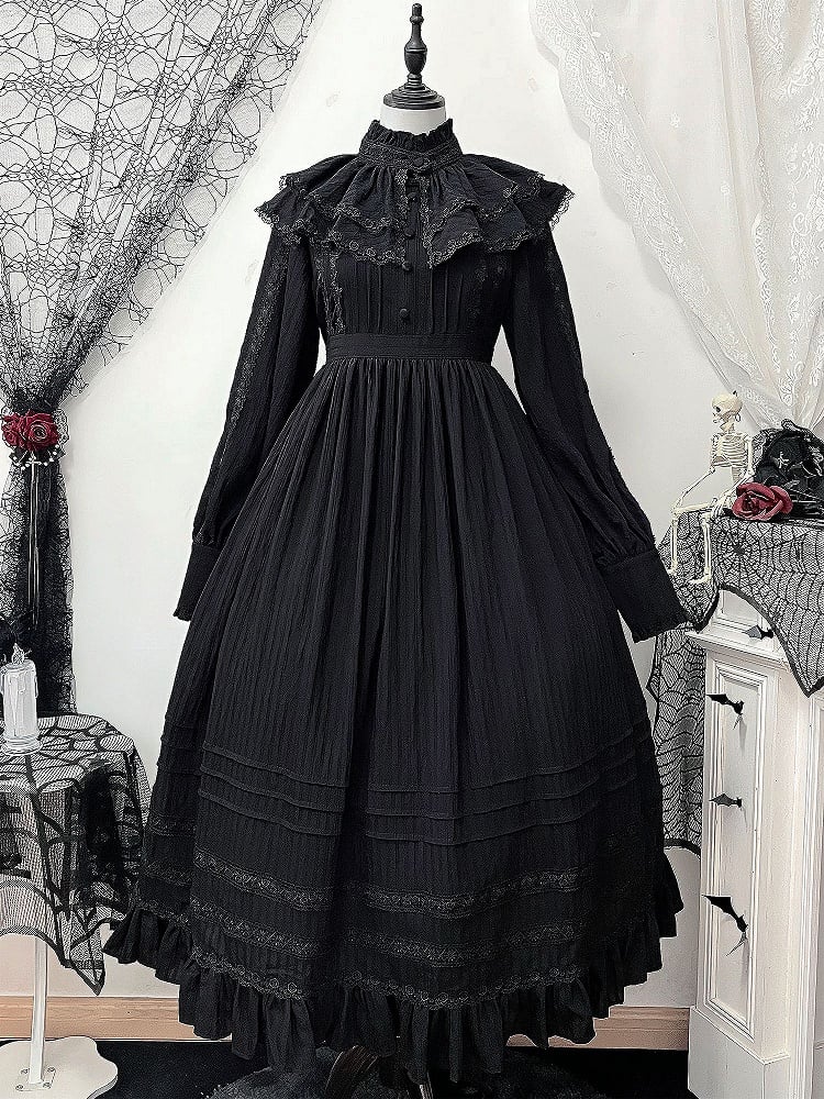 Black Gothic Kuro Lolita High Waist Long Sleeves Dress + Collar