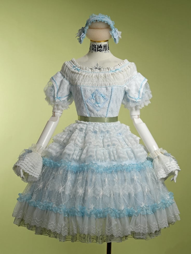 Blue Princess Puff Sleeves Musical Note Embroidery Lolita Hime Tulle Dress