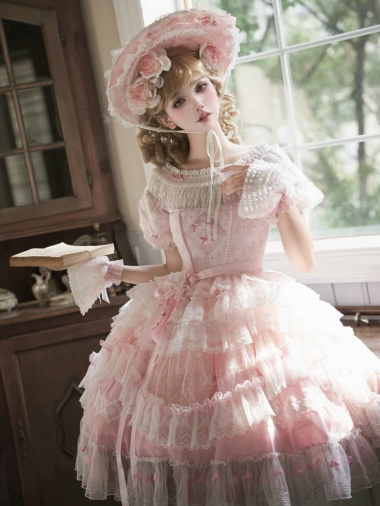 Pink Princess Puff Sleeves Musical Note Embroidery Lolita Hime Tulle Dress