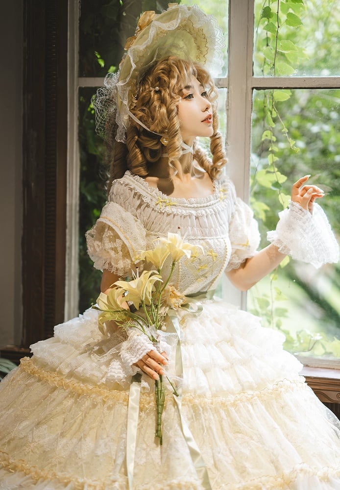 Yellow Princess Puff Sleeves Musical Note Embroidery Lolita Hime Tulle Dress