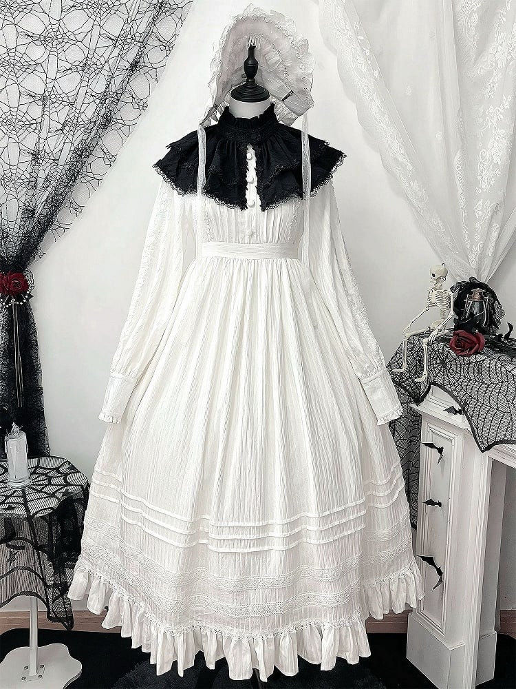 White Gothic Shiro Lolita High Waist Long Sleeves Dress + Collar