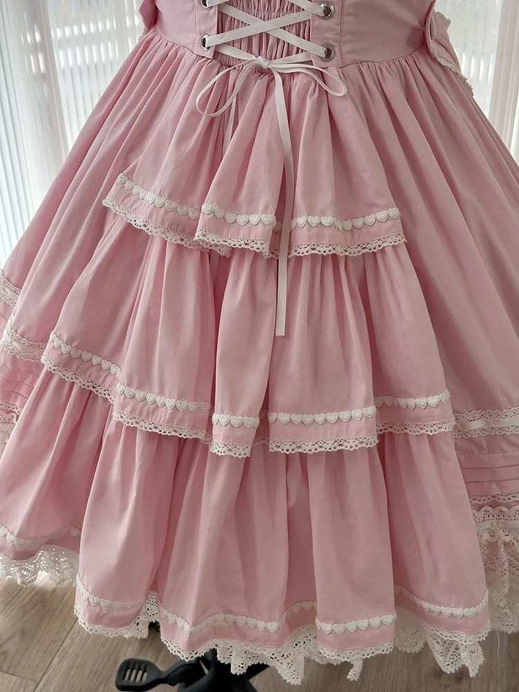 Pink Sweet Cotton Dress Bowknot High Waist Lolita Jumper Skirt