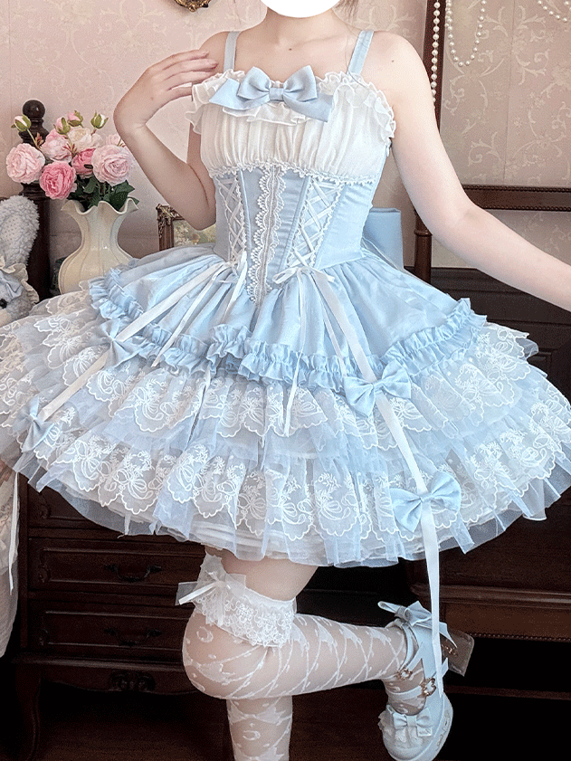 Blue and White Lace-up Boned Waist Layered Lace Hem Balletcore Sweet Lolita Jumper Skirt with Big Bow Train