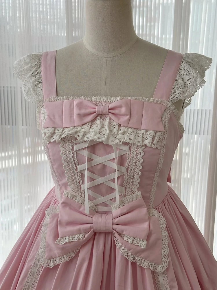Pink Sweet Cotton Dress Bowknot High Waist Lolita Jumper Skirt