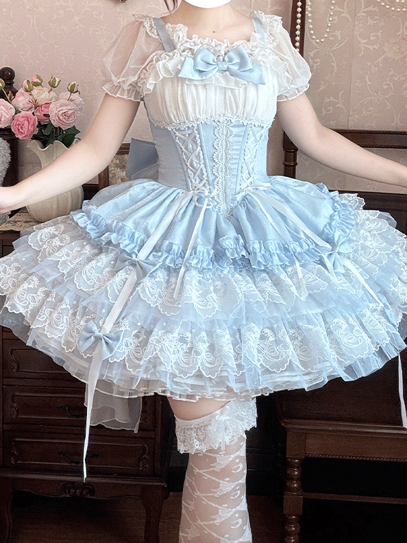 Blue and White Lace-up Boned Waist Layered Lace Hem Balletcore Sweet Lolita Jumper Skirt with Big Bow Train