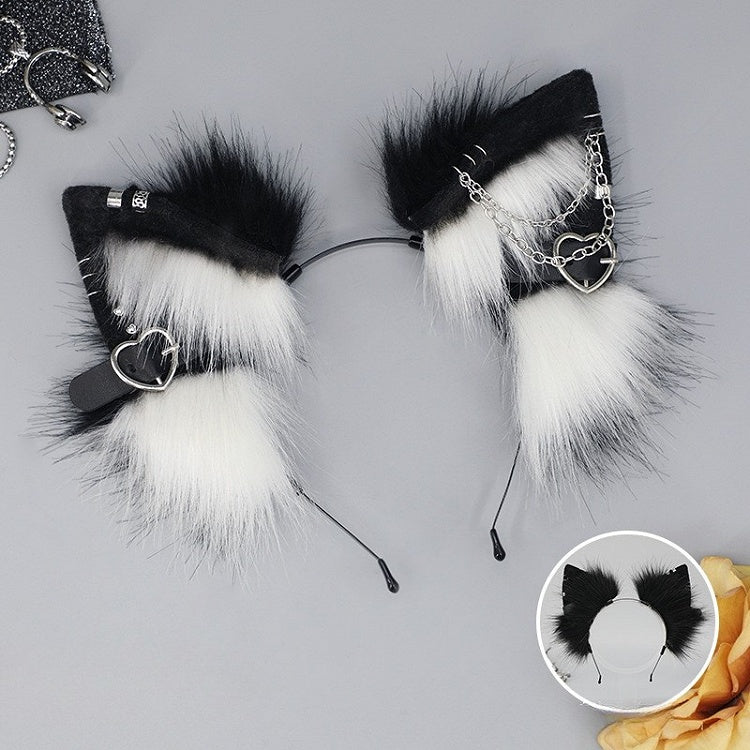 Black&White/Gray/Red Punk Lolita Heart Buckle Details Shaggy Kitty Ear KC