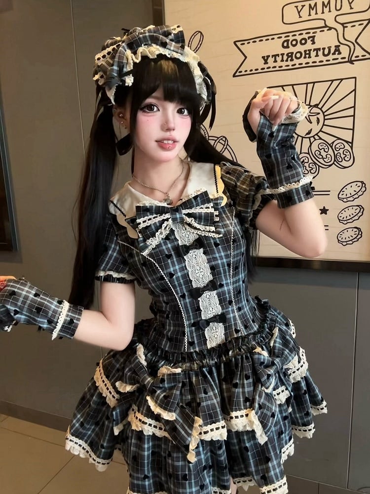 Blue Plaid and Heart Print Pattern Punk Lolita Short Sleeves Dress + Bloomers