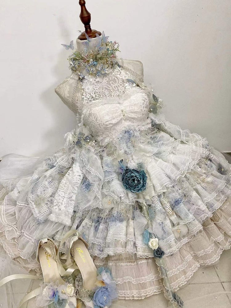 Clearance-Size XXXL for Bust 102CM Spring Flowers Halter Neck Tiered Flounce Skirt Hanayome Lolita Dress Set