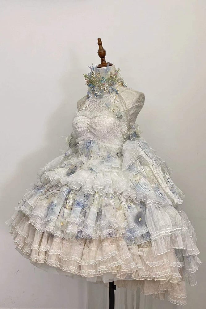 Clearance-Size XXXL for Bust 102CM Spring Flowers Halter Neck Tiered Flounce Skirt Hanayome Lolita Dress Set