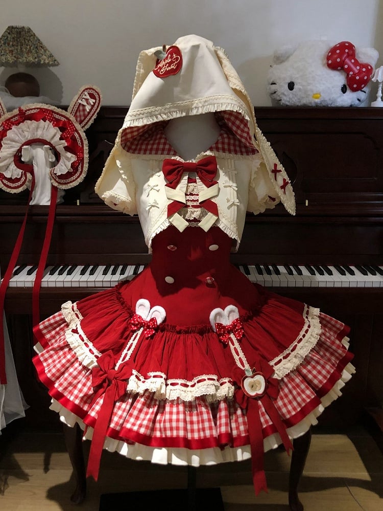 Apple Red Slim Fit Dropped Waist Lolita Dress + Short Sleeves Cropped Top with Oversized Bunny Ears