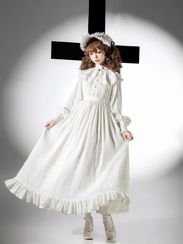 White Gothic Shiro Lolita High Waist Long Sleeves Dress + Collar