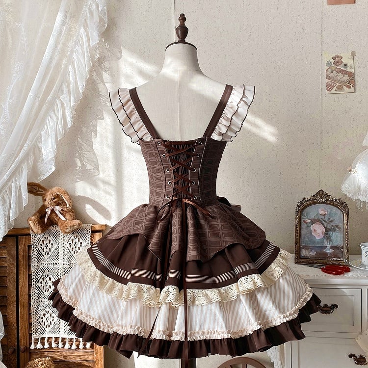 Brown Boned Waist Chocolate Print Puffy Dress Sweet Lolita Jumper Skirt