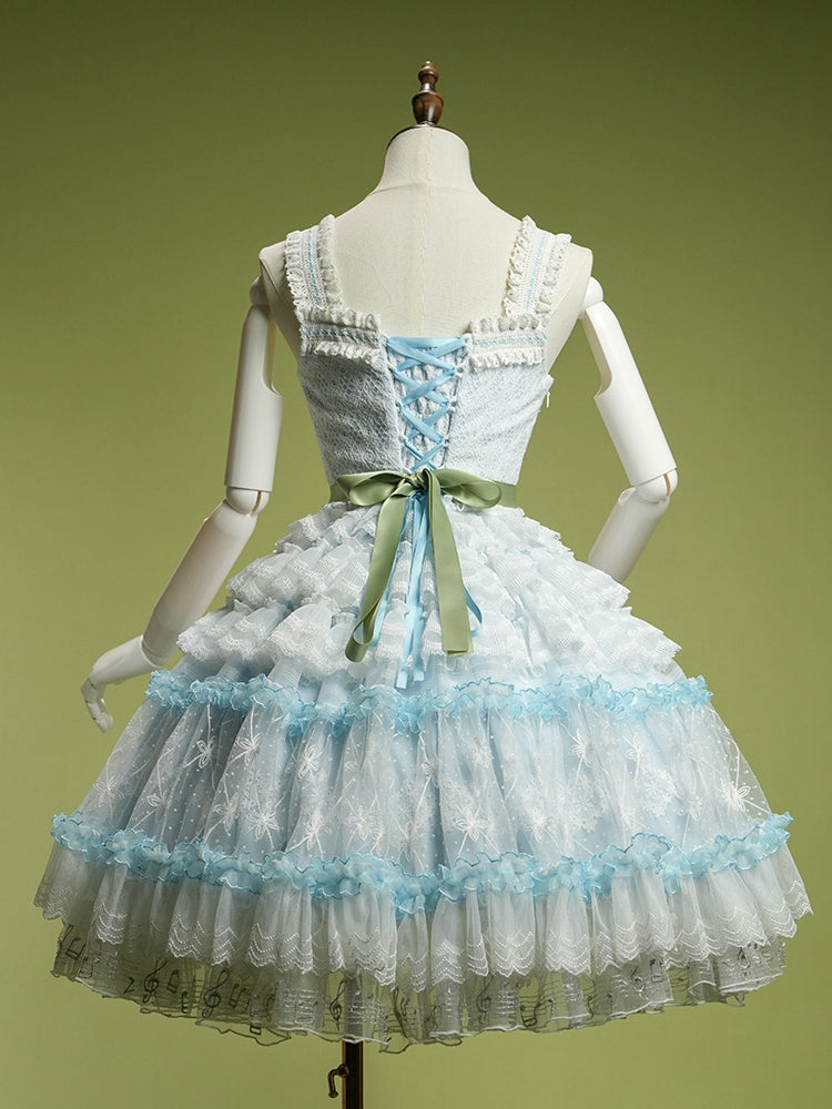 Blue Musical Note Embroidery Layered Tulle Skirt Princess Lolita Jumper Skirt