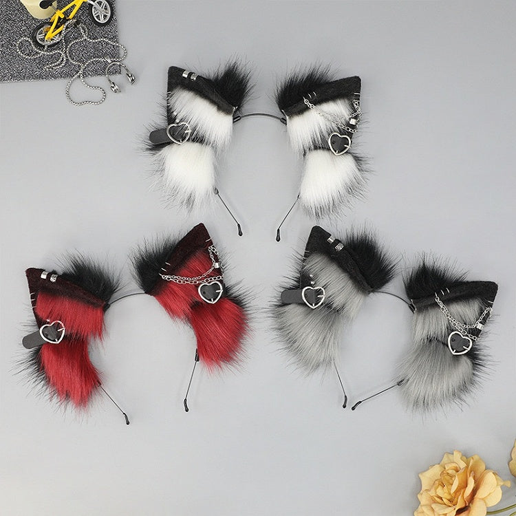 Black&White/Gray/Red Punk Lolita Heart Buckle Details Shaggy Kitty Ear KC
