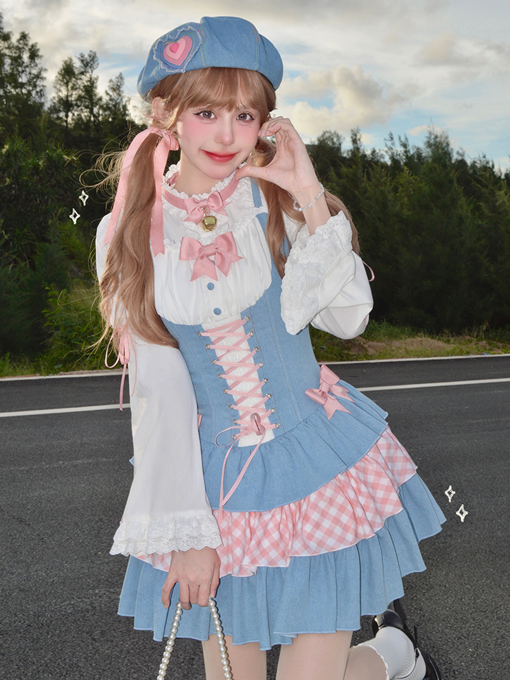 Sweet Lolita Dress Blue and Pink Bowknots Lace-up Waist Balletcore Jumper Skirt