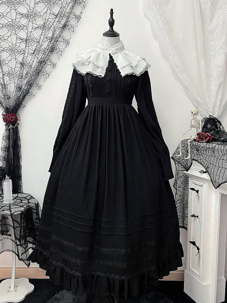 Black Gothic Kuro Lolita High Waist Long Sleeves Dress + Collar