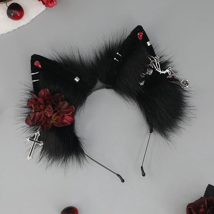 Black&White/All Black Punk Lolita Floral Design Cross Charm Shaggy Kitty Ear KC