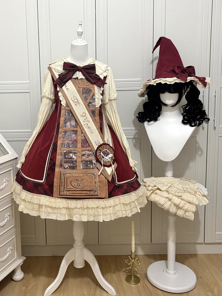 Red Plaid and Magic Cabinet Print Beige Long Sleeves Dress Sweet Lolita OP Full Set