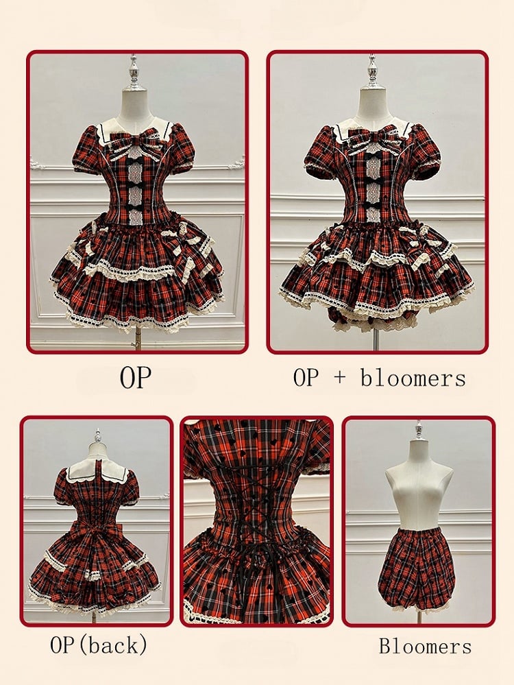 Red Plaid and Heart Print Pattern Punk Lolita Short Sleeves Dress + Bloomers