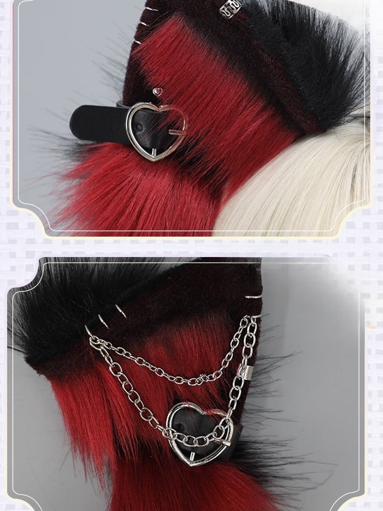 Black&White/Gray/Red Punk Lolita Heart Buckle Details Shaggy Kitty Ear KC