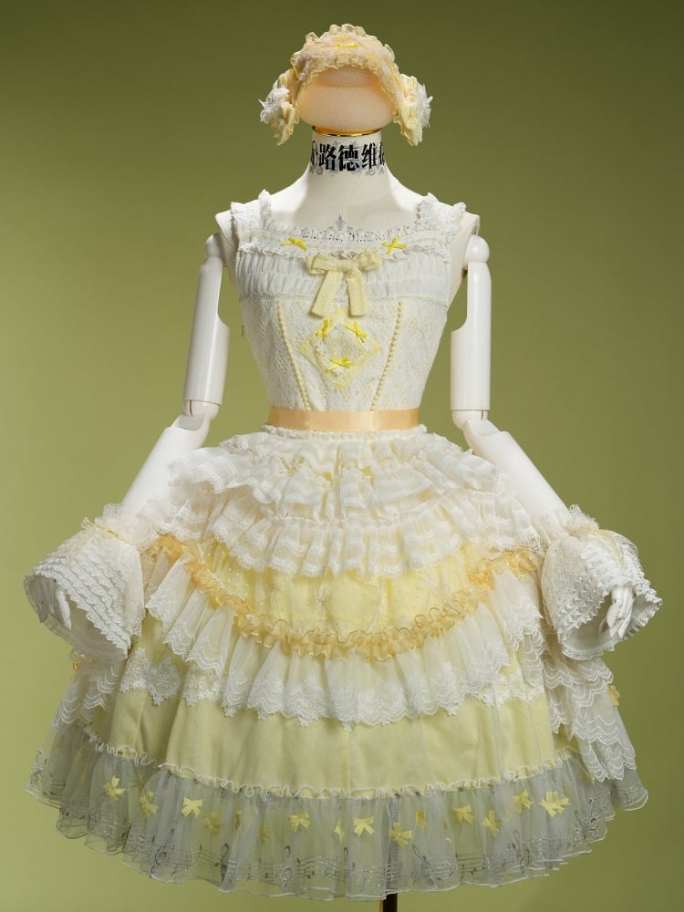 Yellow Musical Note Embroidery Layered Tulle Skirt Princess Lolita Jumper Skirt