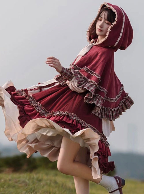 Little Red Riding Hood Series Pastoral Style Ruffled Collar Lantern Sleeve Plaid Print Hooded Cloak Classic Lolita Long-Sleeved Dress Set