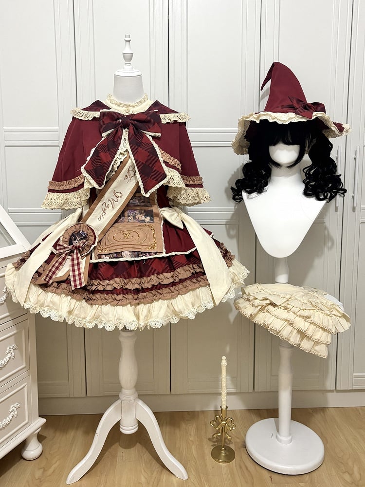 Magic Cabinet and Red Plaid Pattern Print Sweet Lolita Overall Dress Full Set