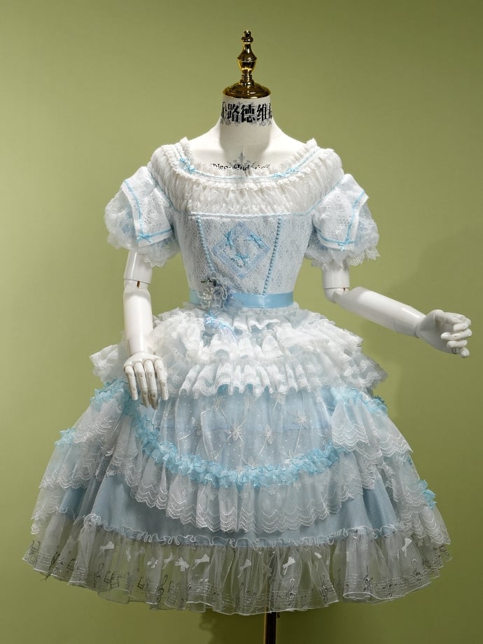 Blue Princess Puff Sleeves Musical Note Embroidery Lolita Hime Tulle Dress