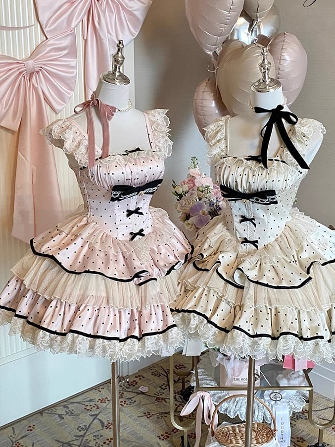 Black Polka Dots Pink Basque Waist Tiered Skirt Sweet Dress