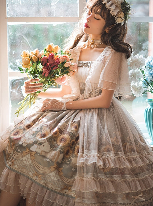 Bunny Sunflower Print Bow-Knot Waist Frenulum Polka Dot Ruffle Smock Classic Lolita Sleeveless Dress