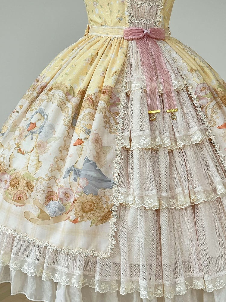 Farm Ducks and Sunflowers Print Yellow Sweet Lolita Jumper Skirt