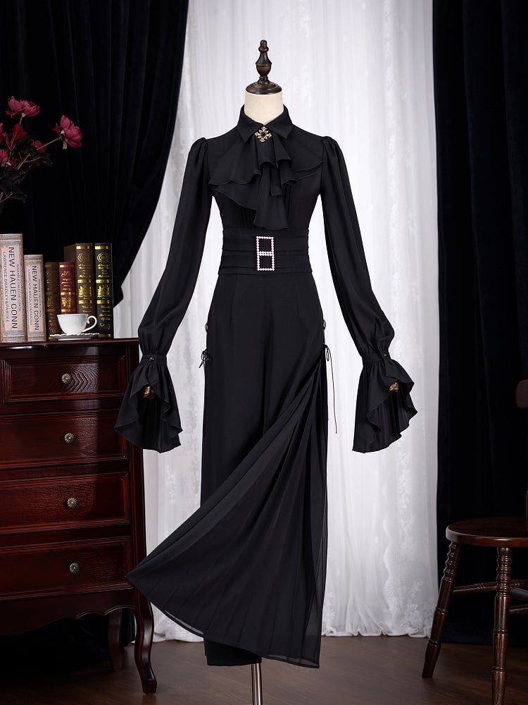 Black High Waist Flowing Pleated Chiffon Panels Wide-leg Pants