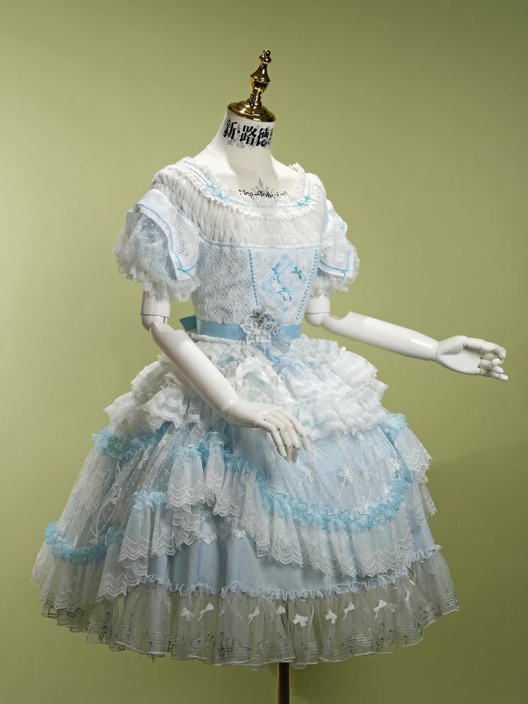 Blue Princess Puff Sleeves Musical Note Embroidery Lolita Hime Tulle Dress