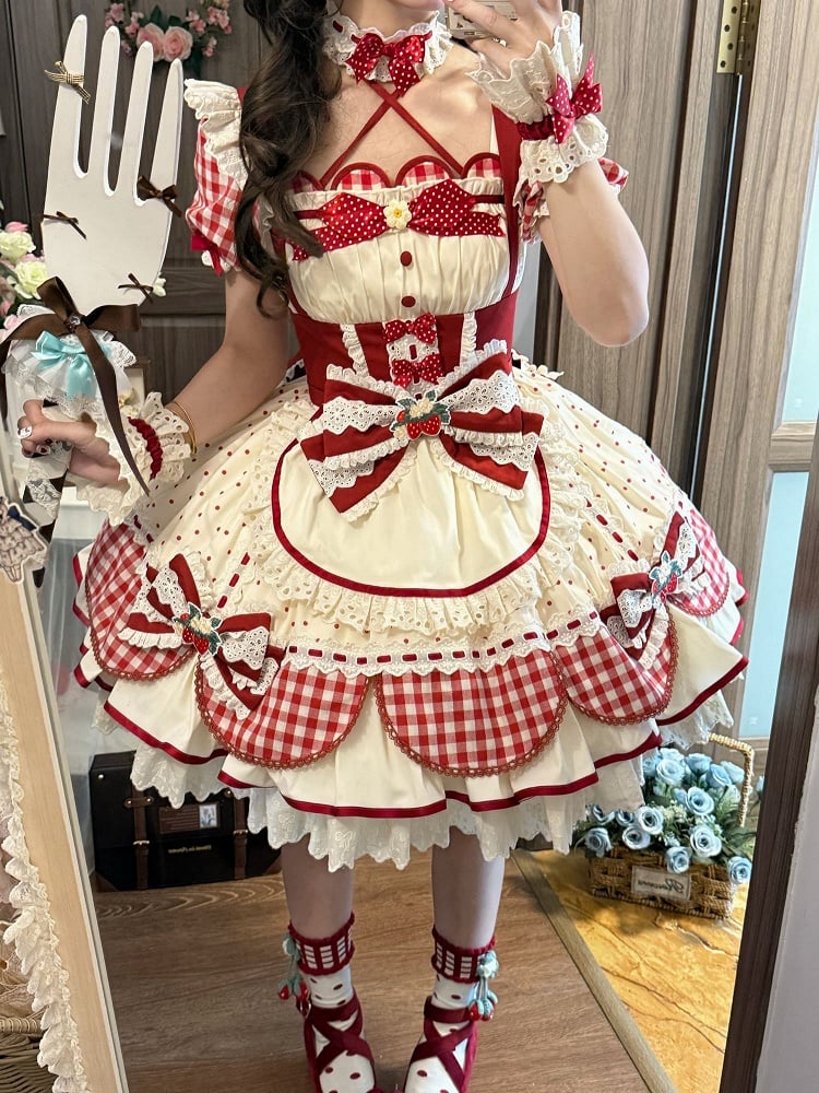 Strawberry Bows Red Gingham and Polka Dots Pattern Lolita Sweet Dress