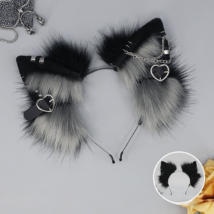 Black&White/Gray/Red Punk Lolita Heart Buckle Details Shaggy Kitty Ear KC