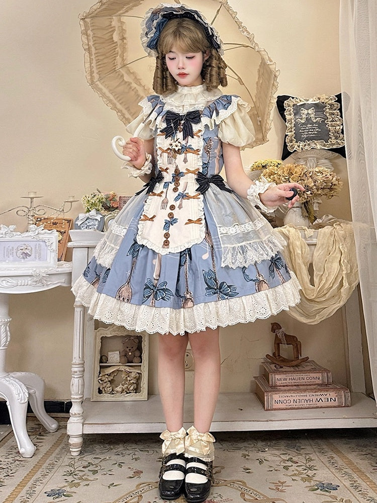 Knife and Fork Print Blue Peter Pan Collar Sweet Lolita Jumper Skirt