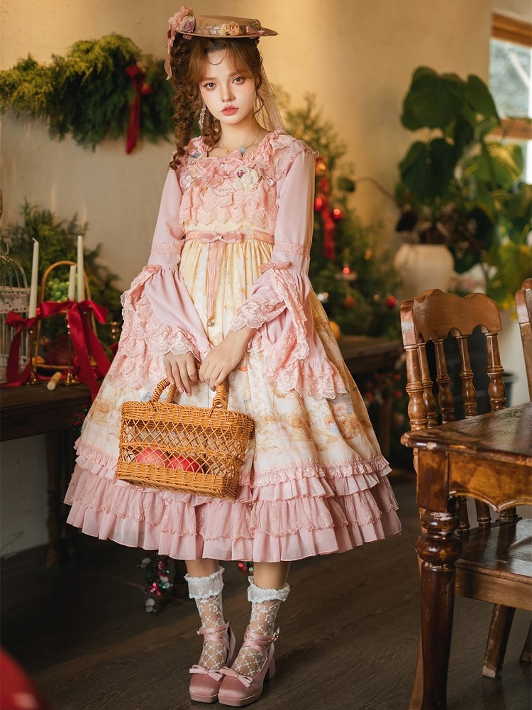 Pink Ruffle Neckline Long Bell Sleeves Blouse