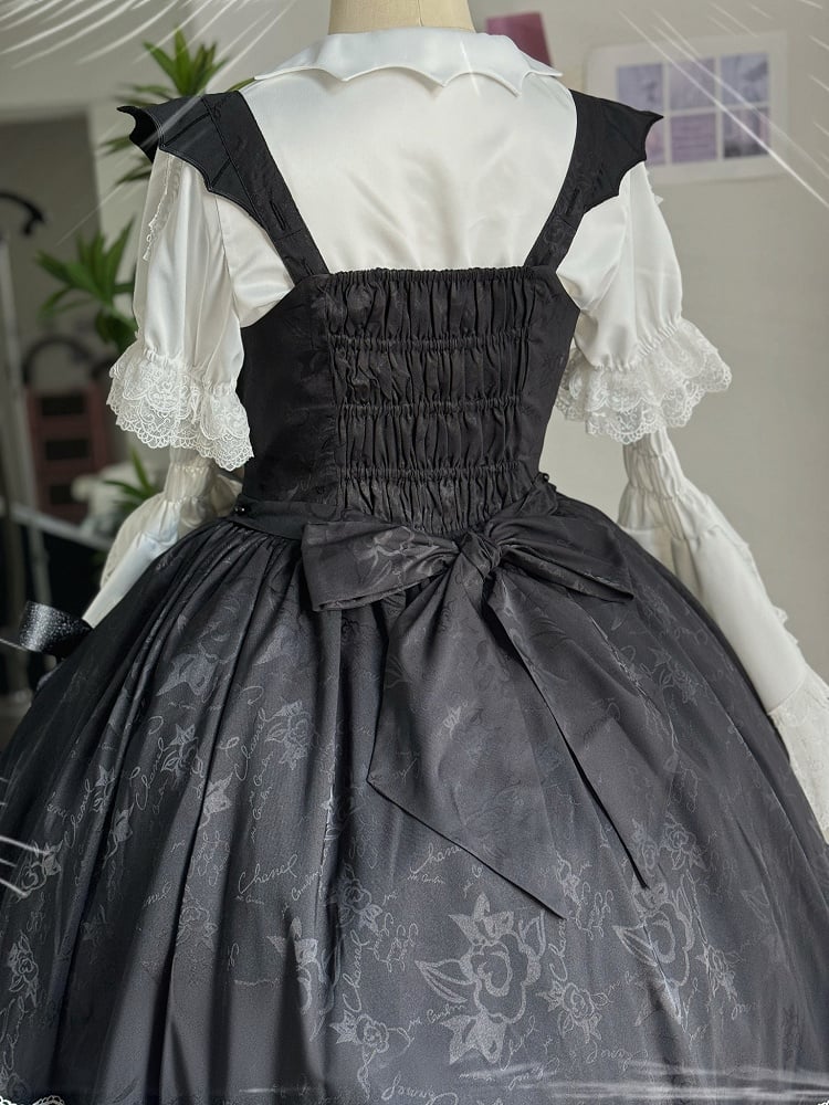 Black High-low Skirt Gothic Lolita Dress Bat Wing Shaped Shoulder Straps