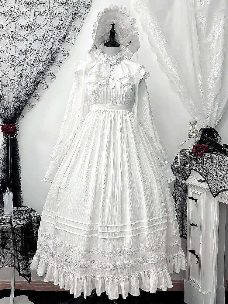 White Gothic Shiro Lolita High Waist Long Sleeves Dress + Collar